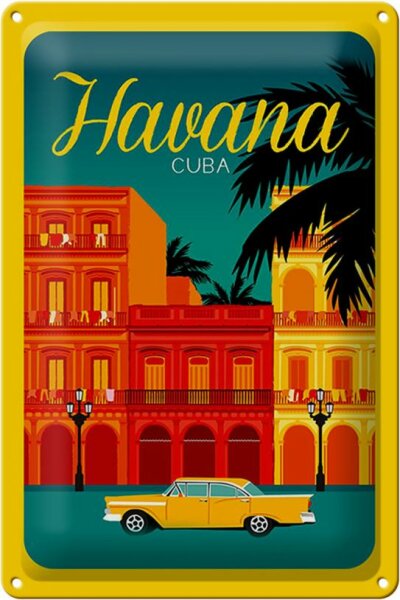 Schild Havana 20x30 cm Cuba Zeichnung gelbes Auto Deko Metallschild